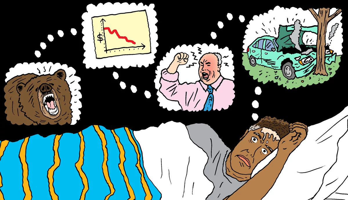 Cartoon of a man in bed having stressful thoughts about money, conflict, and accidents.
