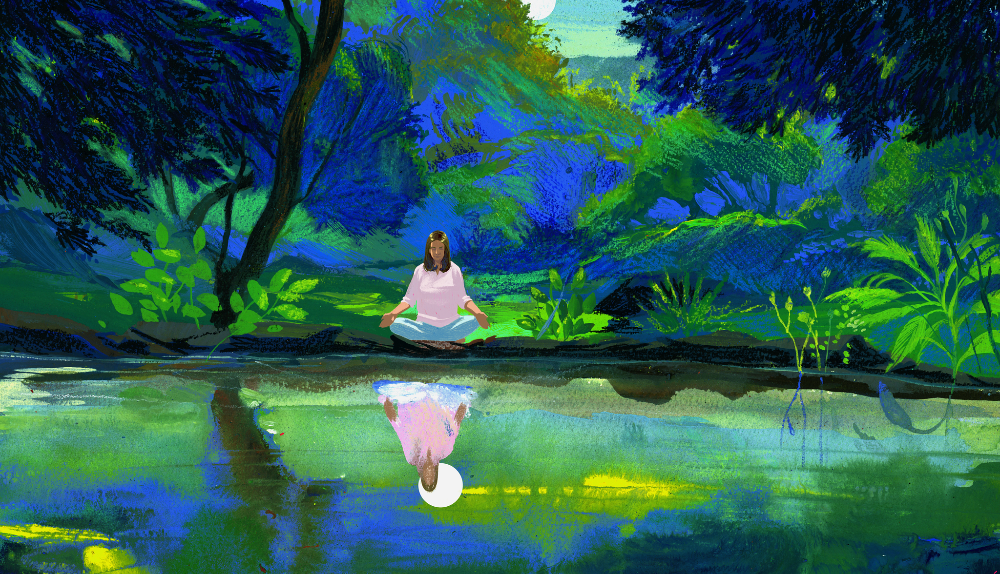 Sally Quinn's Silent Retreat a person sitting in a forest by a pond