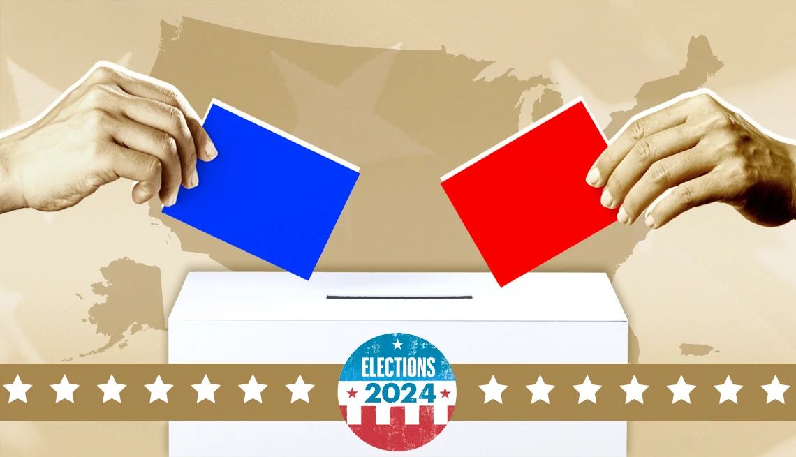 Post-election poll two hands place a red and blue ballot into a ballot box
