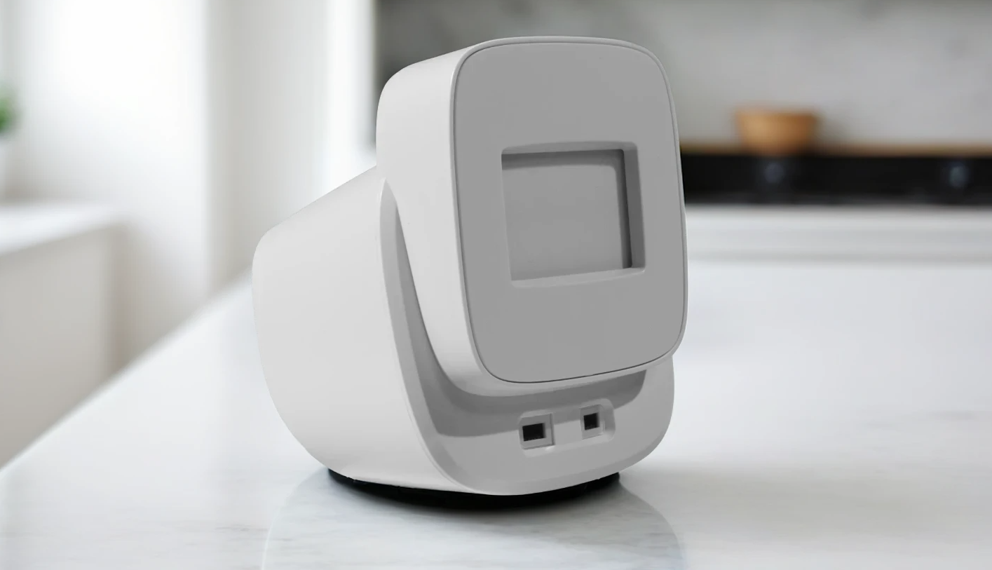 Dispositivo inteligente y desinfectante sobre una mesa.