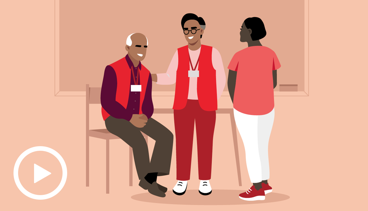 graphic of three people and play button