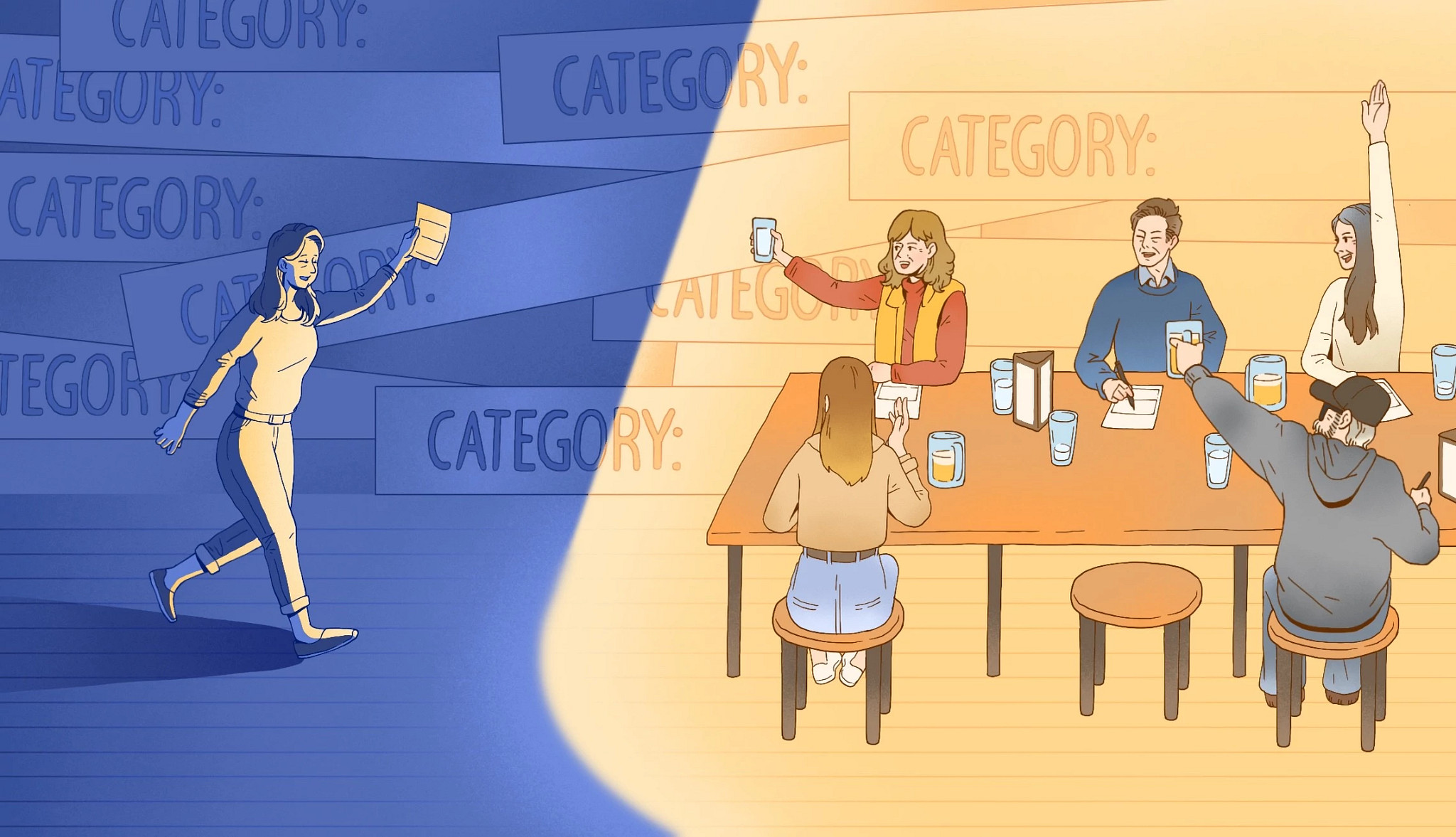 an illustration shows a group of friends enjoying pub trivia night