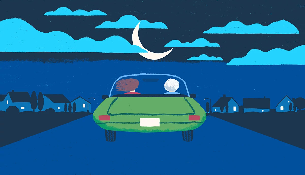 an illustration of an older person and a younger person driving away in a convertible car