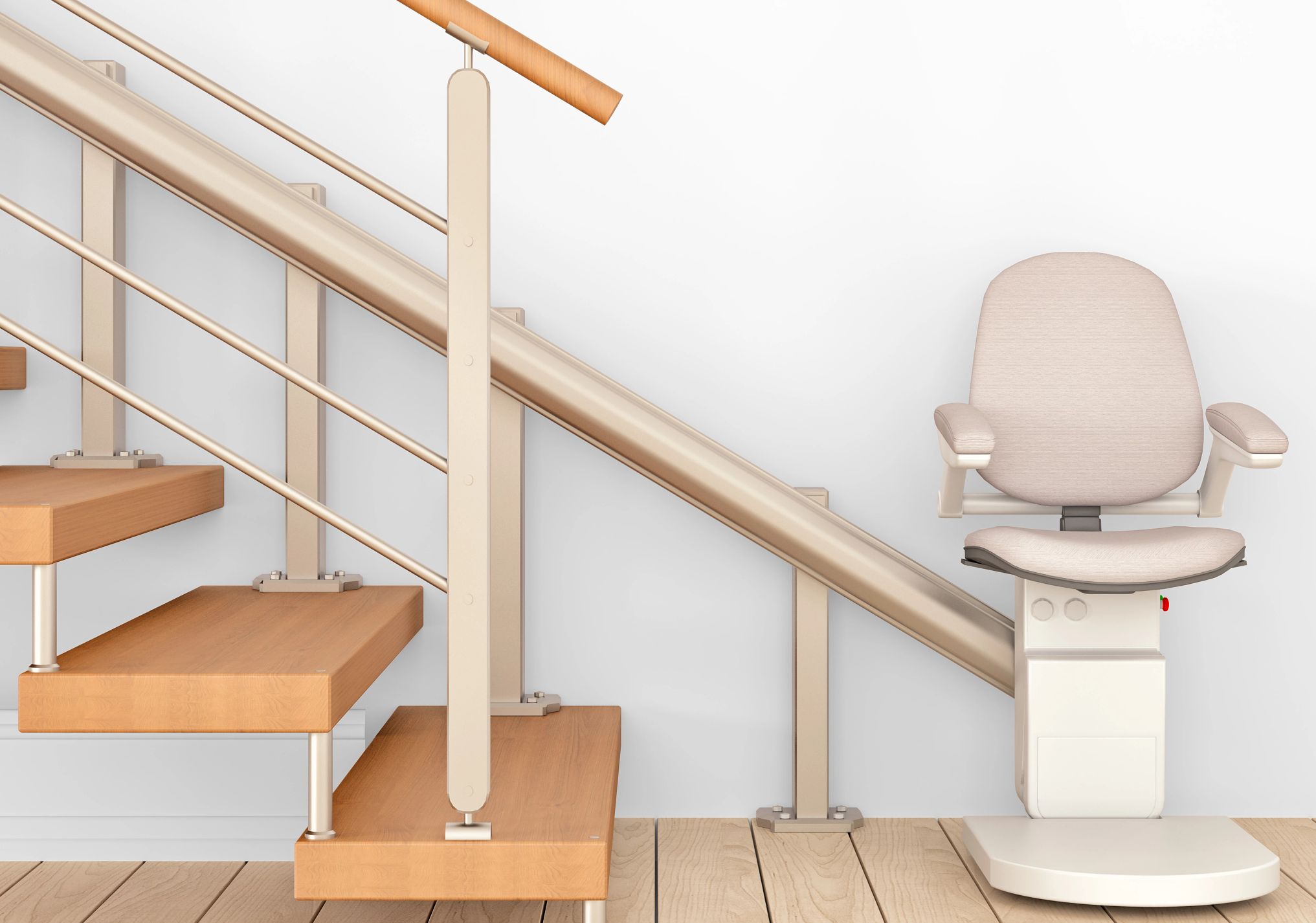 an electric stair lift chair at the bottom of the stairs