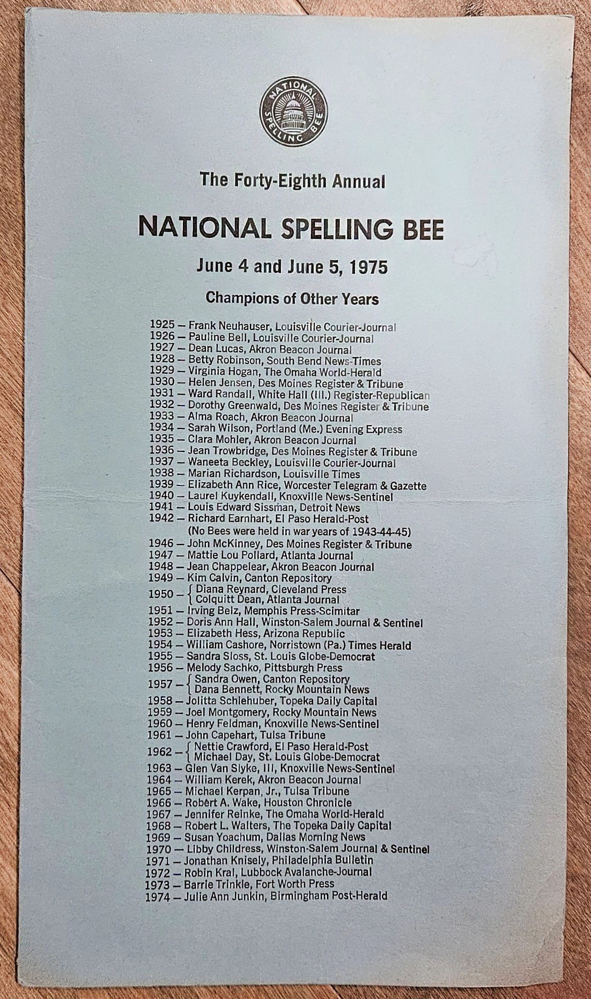 A list of all the pre-1975 winners of the Scripps-Howard National Spelling Bee is shown in a photo.