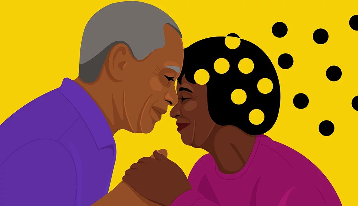 Intimacy With Cognitive Decline an older man and woman embrace. circles leave the woman's head, signifying cognitive decline