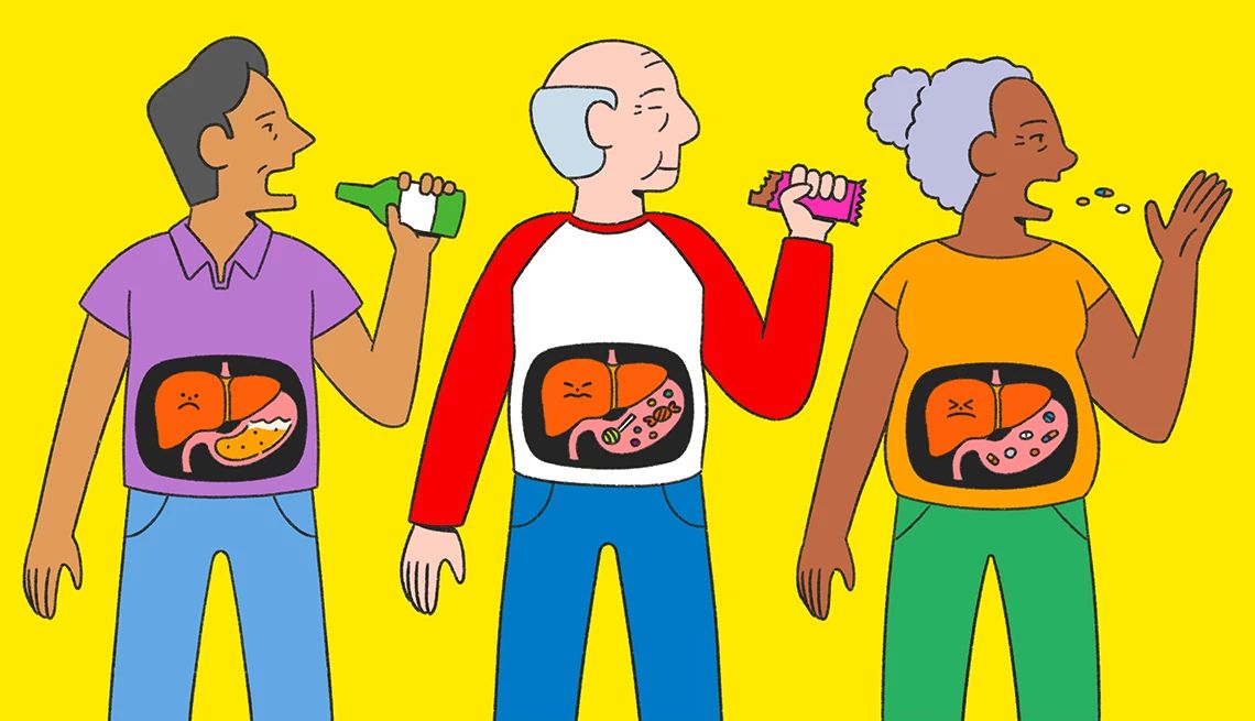 Protect Your Liver An illustration shows three older adults; one is consuming a beverage, another a sweet snack and another pills. The insides of their abdomens are shown, with progressively disappointed expressions.