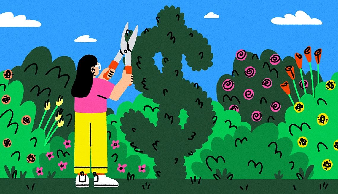 Grow Your Wealth An older woman tends to her garden, including a large bush shaped like a dollar sign.