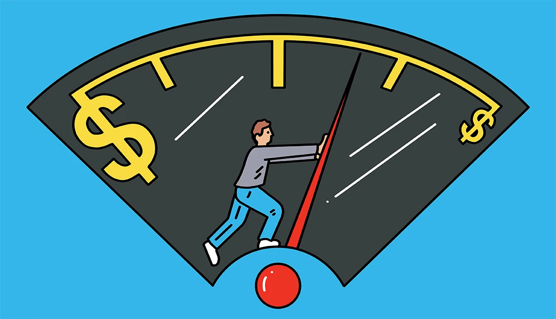 a person pushes a fuel gauge. instead of empty and full, each side of the gauge has dollar signs