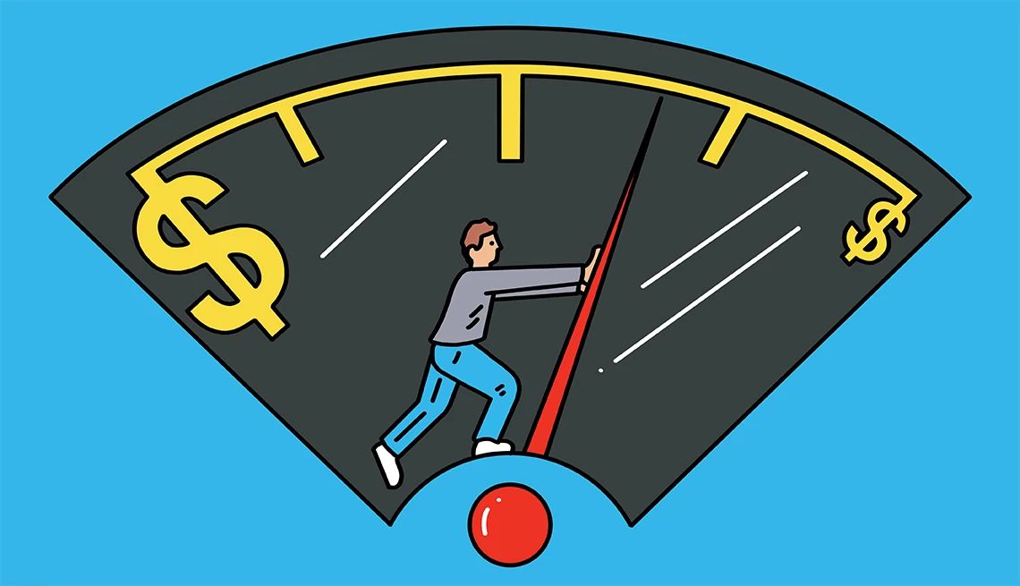 Avoid Hidden Rental Car Fees a person pushes a fuel gauge. instead of empty and full, each side of the gauge has dollar signs