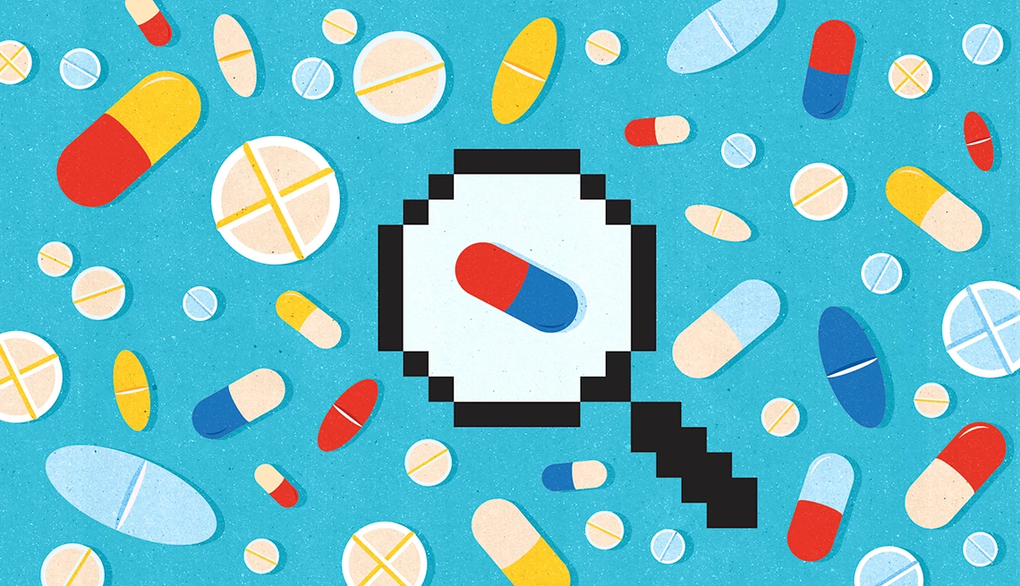 Enrolling in Medicare Part D illustration of pill capsules with a magnifying glass