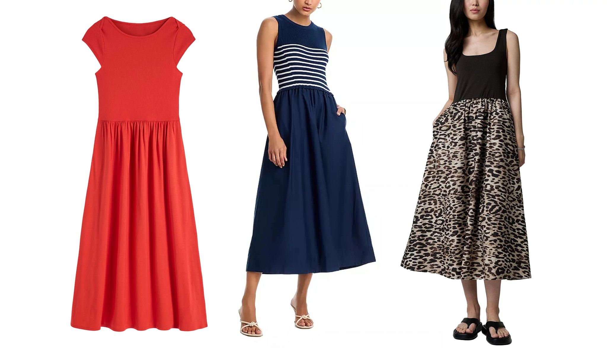 a collage with a coral red short sleeve midi dress, and two models wearing midi dresses in darker colors