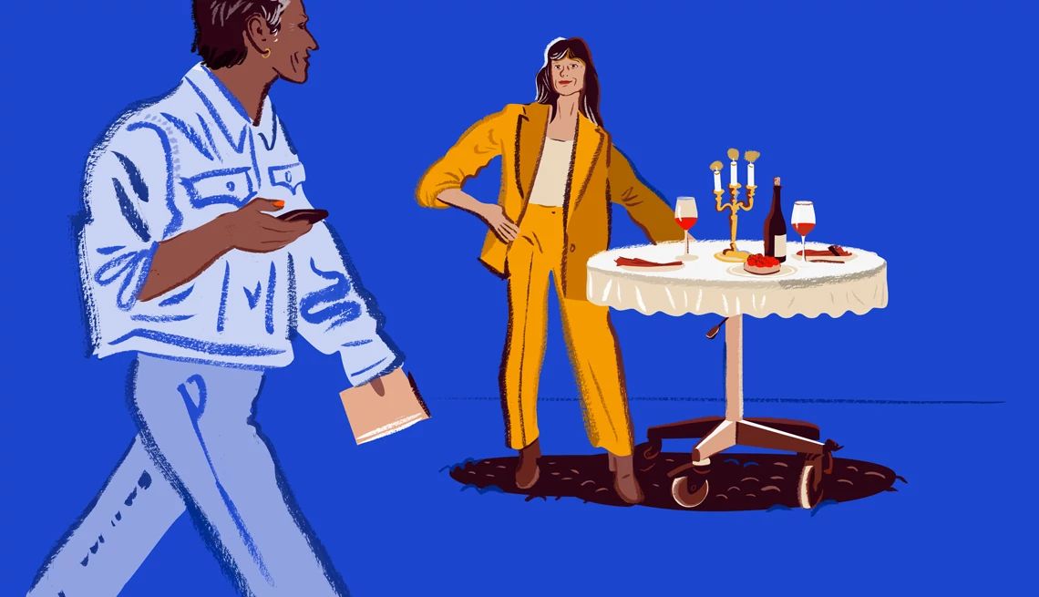 dating tips after 50 woman standing at a table while a man walks by