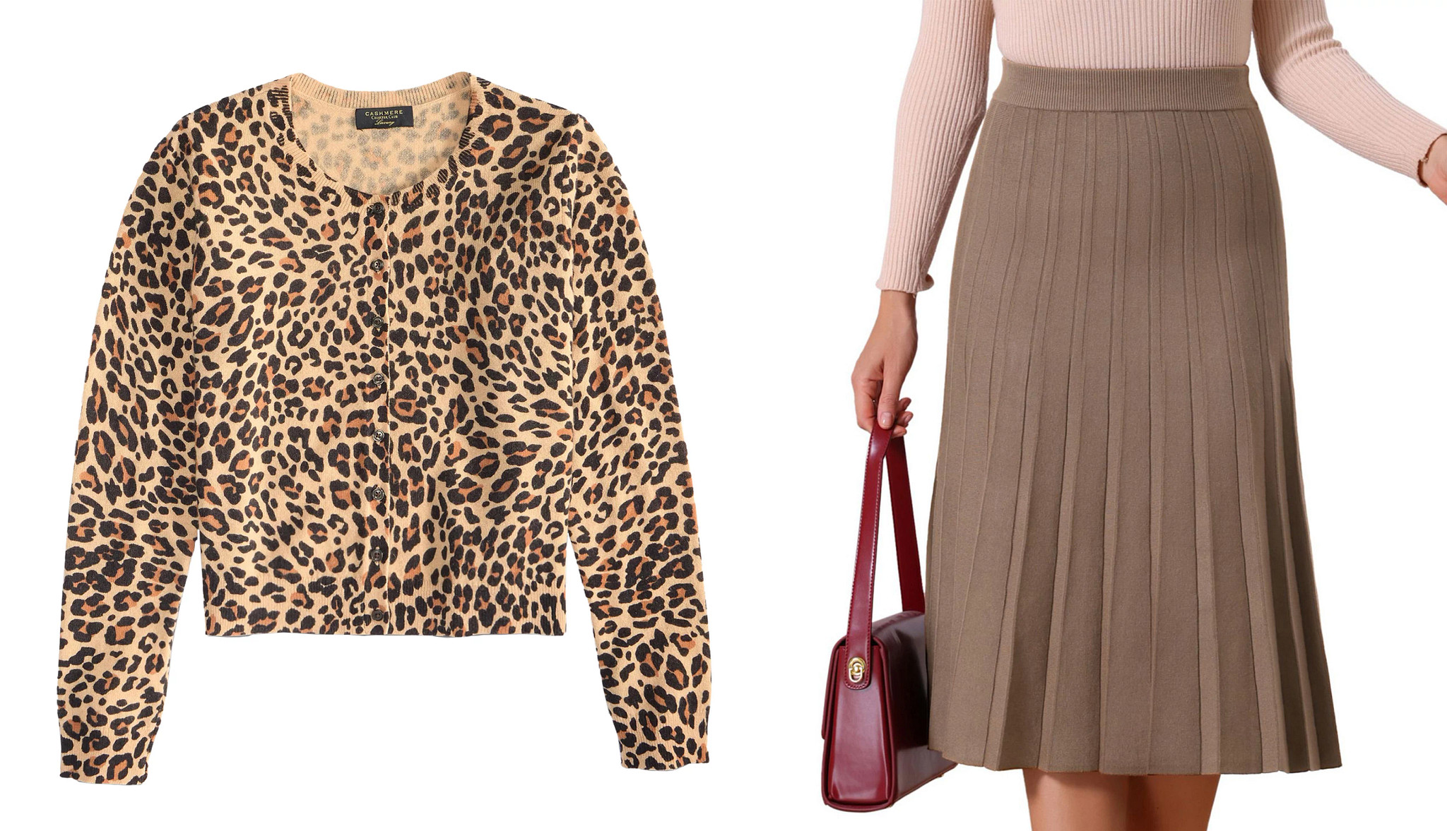 a leopard printed cardigan and a model wearing a brown pleated skirt