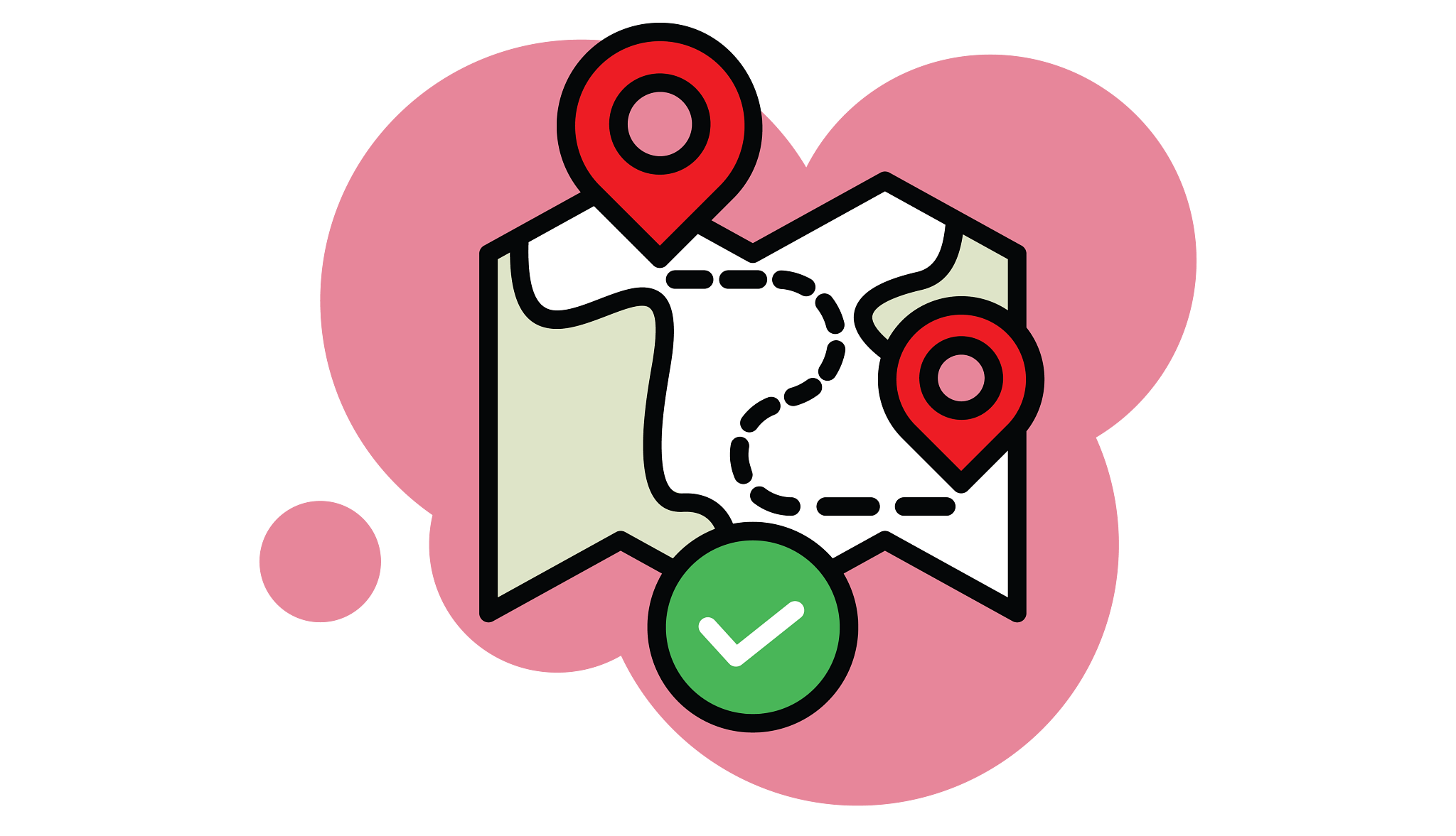 Illustration of a map showing a dotted route with location pins and a green checkmark, symbolizing successful navigation or completed directions.
