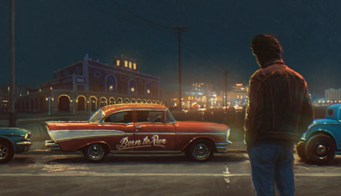 Book Excerpt: The Making of ‘Born to Run’ an illustration of bruce springsteen looking at a red car with 'born to run' painted on the side