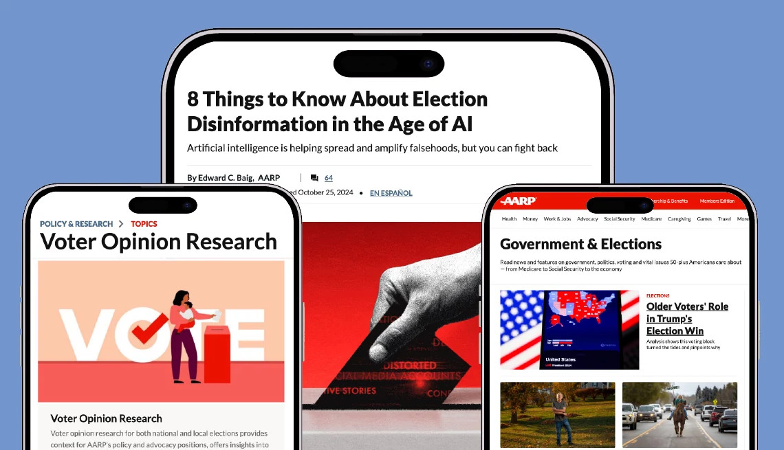 a a r p stories appear on mobile devices, on a blue background