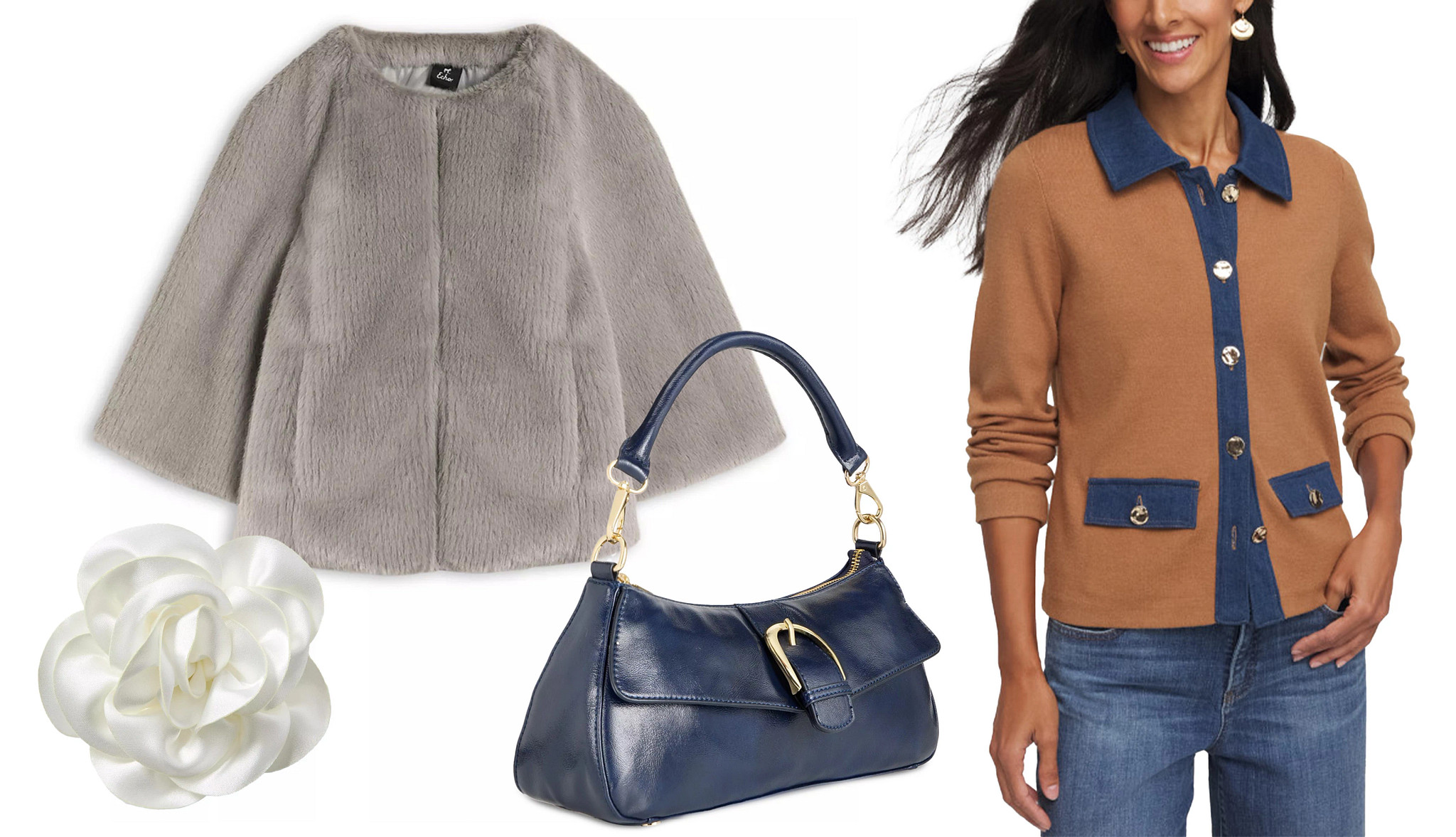 a collage with a faux fur swing coat, a white flower hair accessory, a navy blue handbag and a model wearing a brown and blue collared knit cardigan