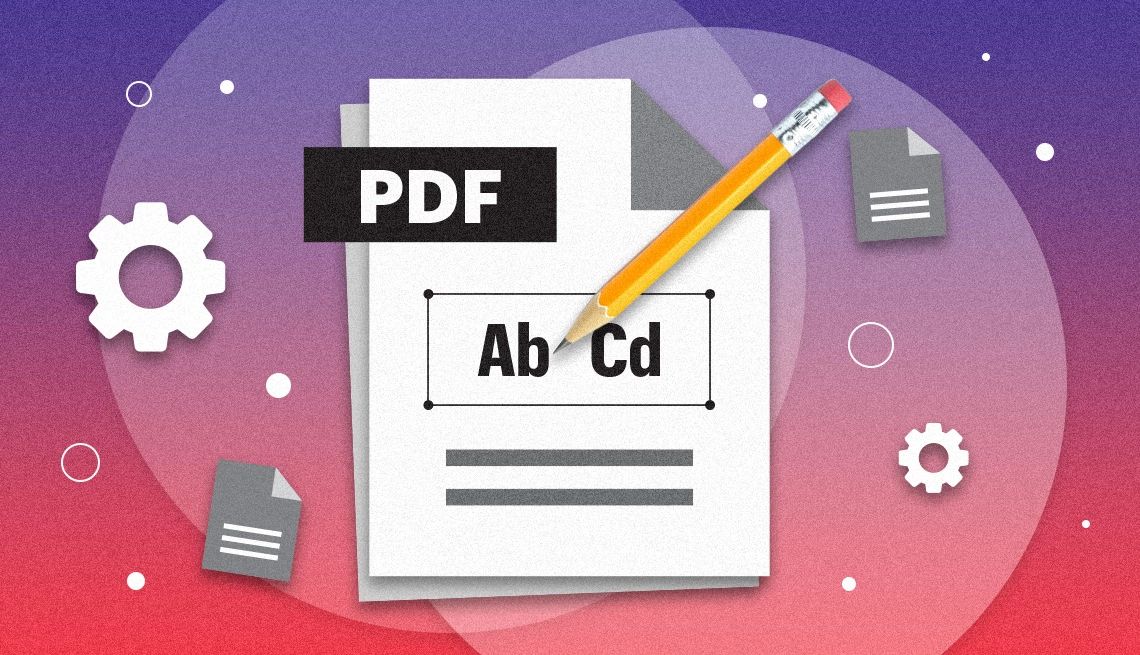 Tech Guru PDF Edit an illustration of a pencil over a pdf file with document and gear icons in the background