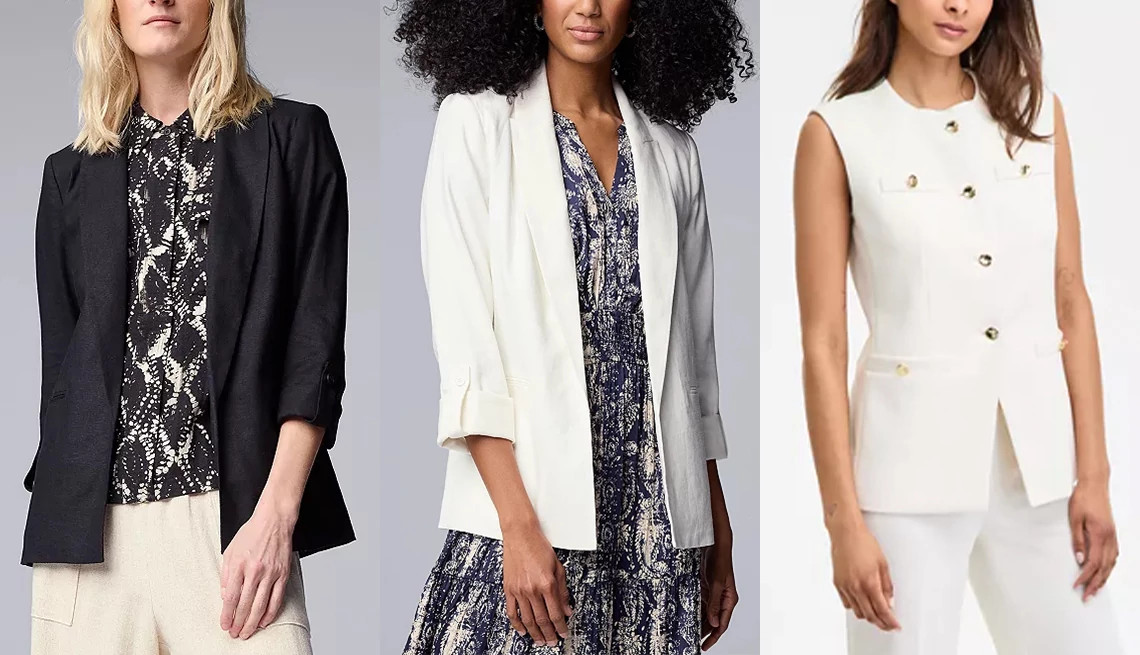 people modeling structured blazers and a vest
