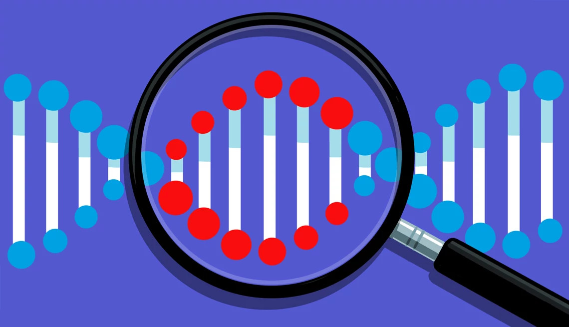 Illustration of a magnifying glass examining a blue DNA strand with highlighted red genetic markers.