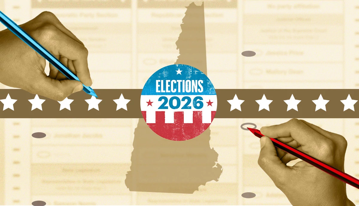 two hands with each holding a red and blue pencil with an outline of the state of new hampshire