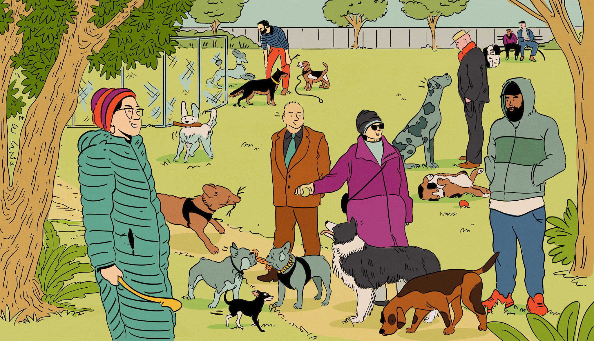 a bunch of people with dogs at a park