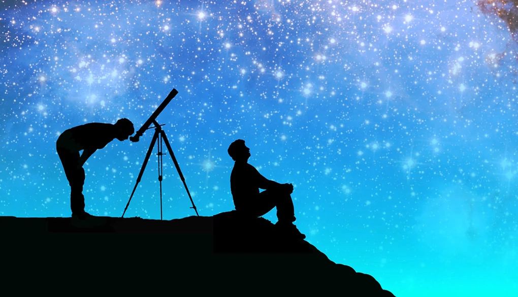 Stargazing and socializing may lift your spirits An illustration of two people looking up at the stars with a telescope