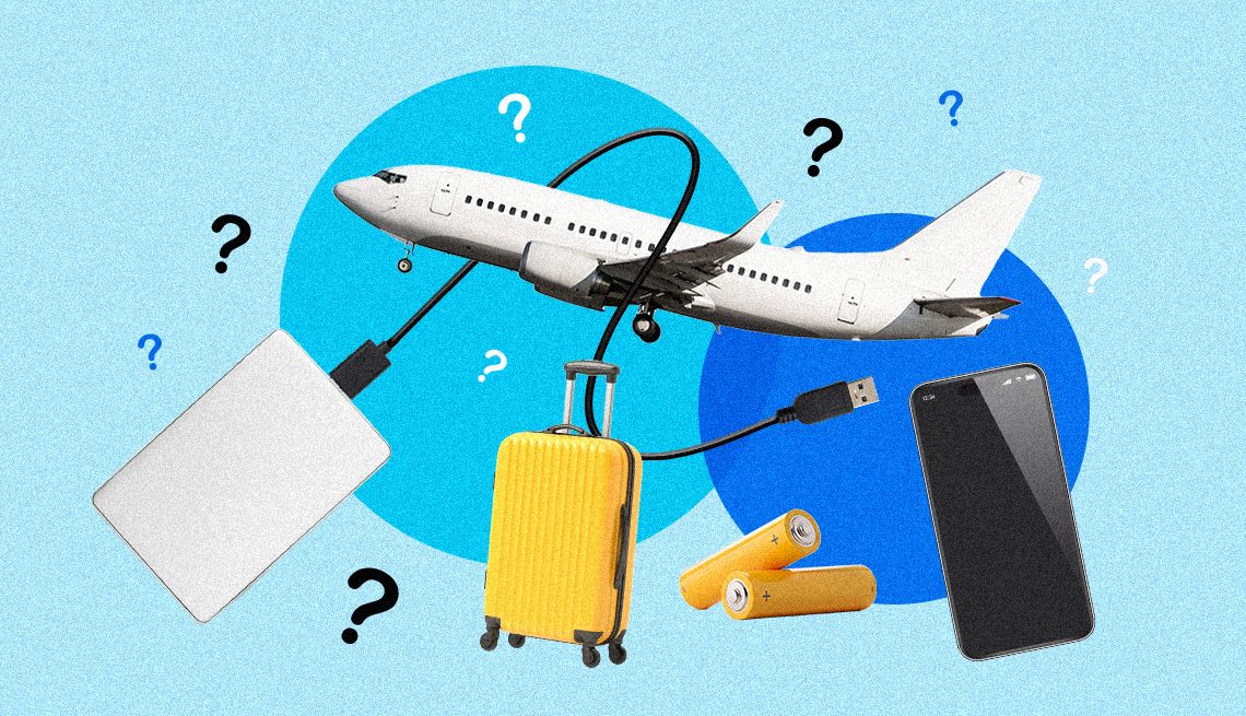 Portable Charger on a Plane an airplane next to a charger, suitcase, batteries and smartphone