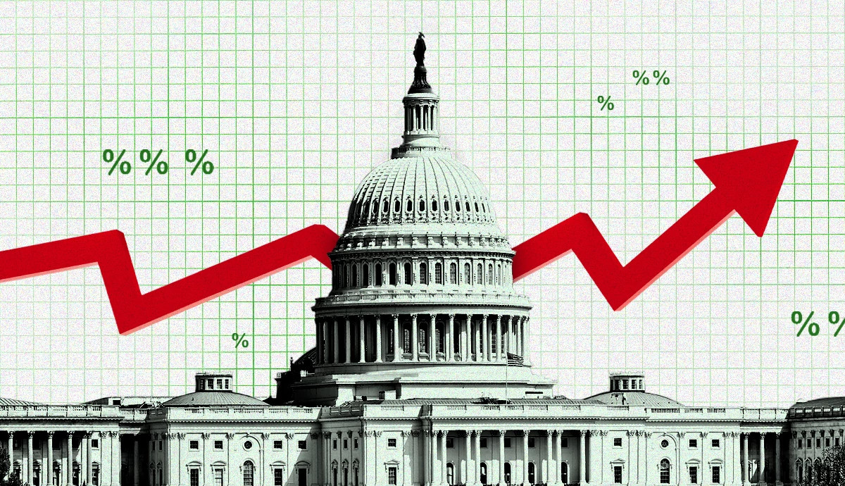 A black-and-white image of the U.S. Capitol building against a green graph background, overlaid with a sharp red line graph pointing upward