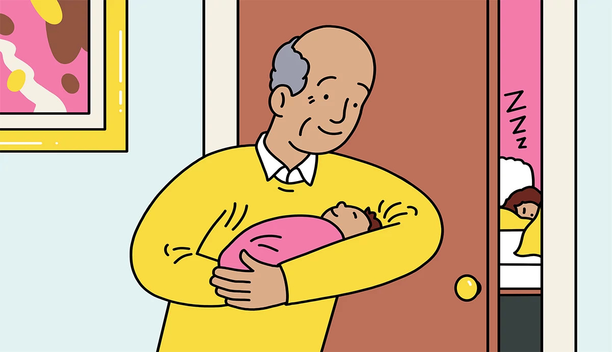 an illustration shows a granddad cradling a newborn