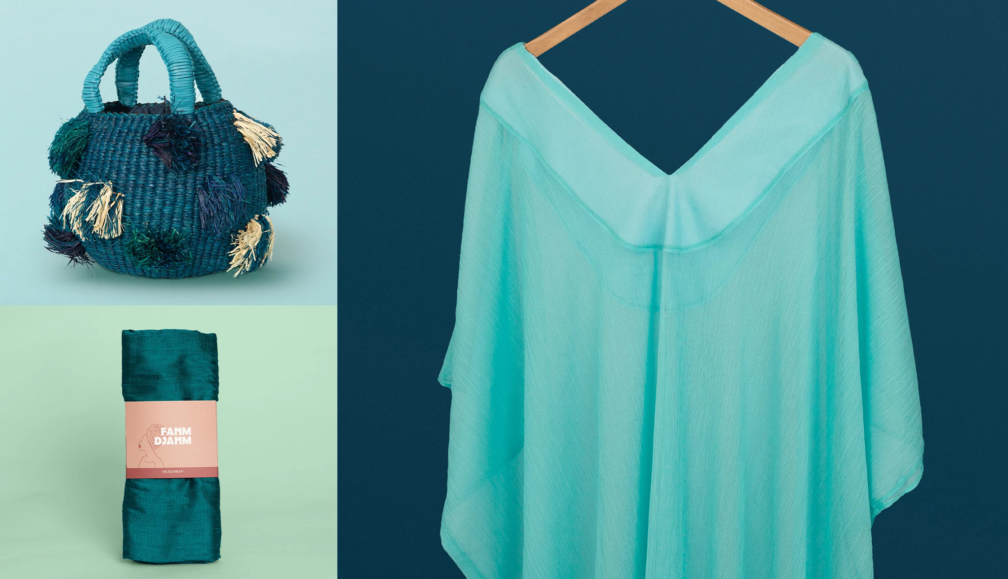 The three items of the Beauty and the Beach Prize Bundle featuring a teal Nowa Bowl Bag, a Zwazo Silk Headwrap, and a Riva Sheer Kaftan on a hanger