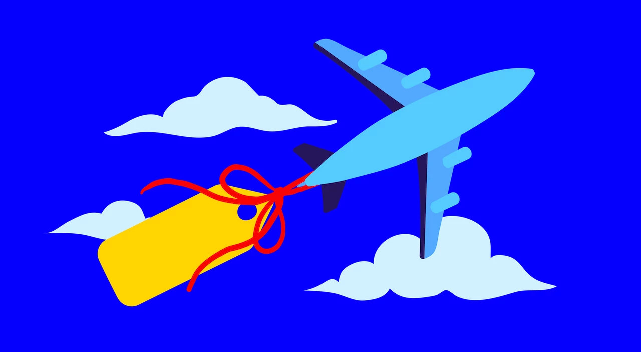 illustration of price tag attached on flying plane