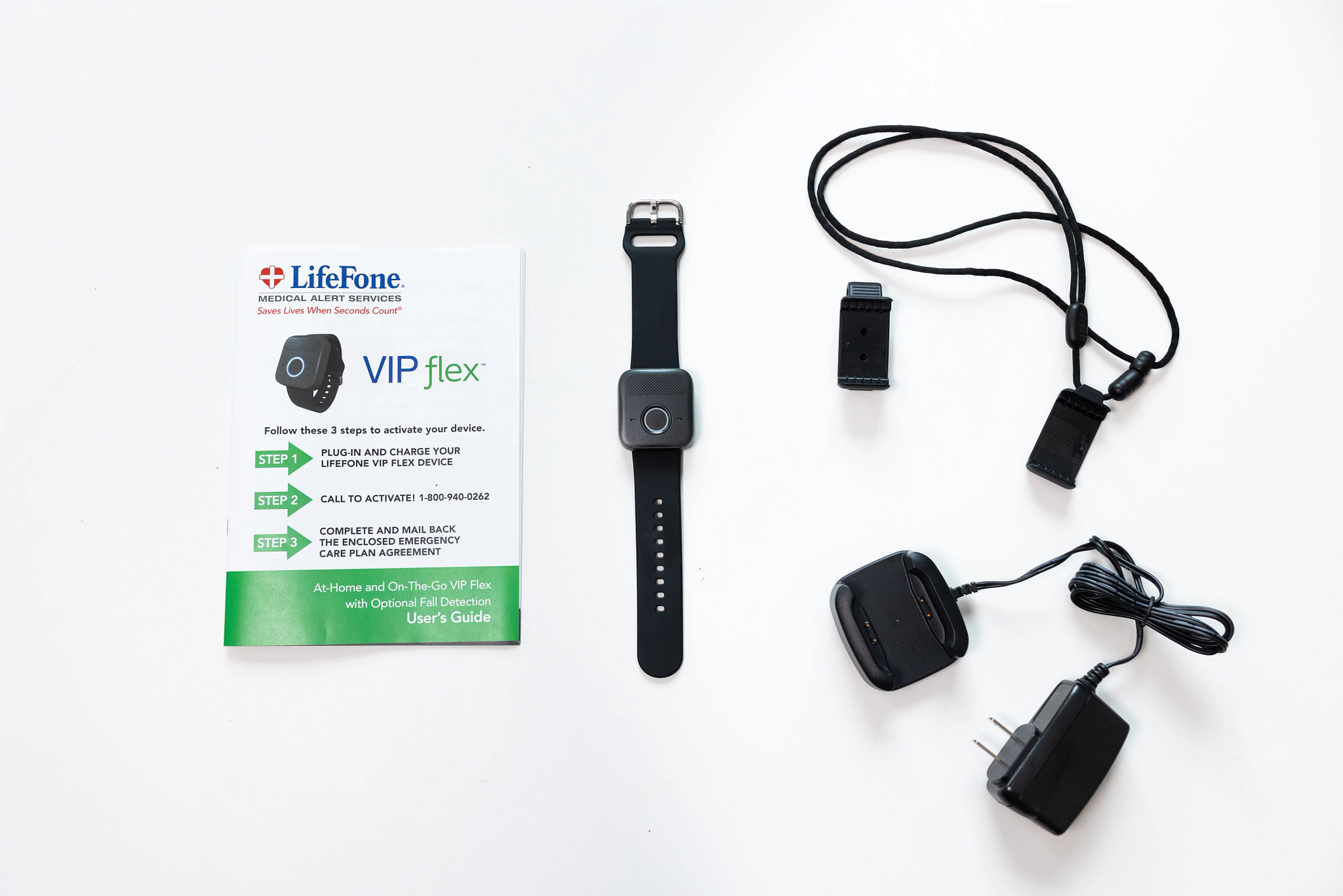 The Lifefone VIP Flex and all of its components on a white table