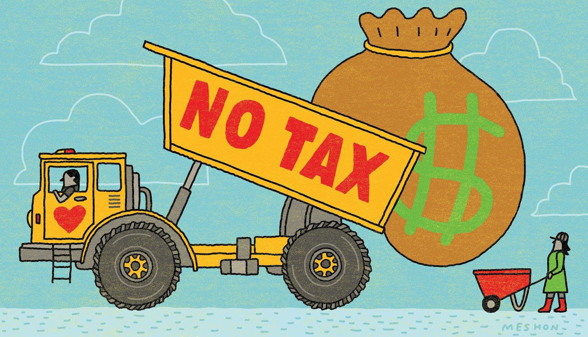 a truck with a bag of money that says no tax