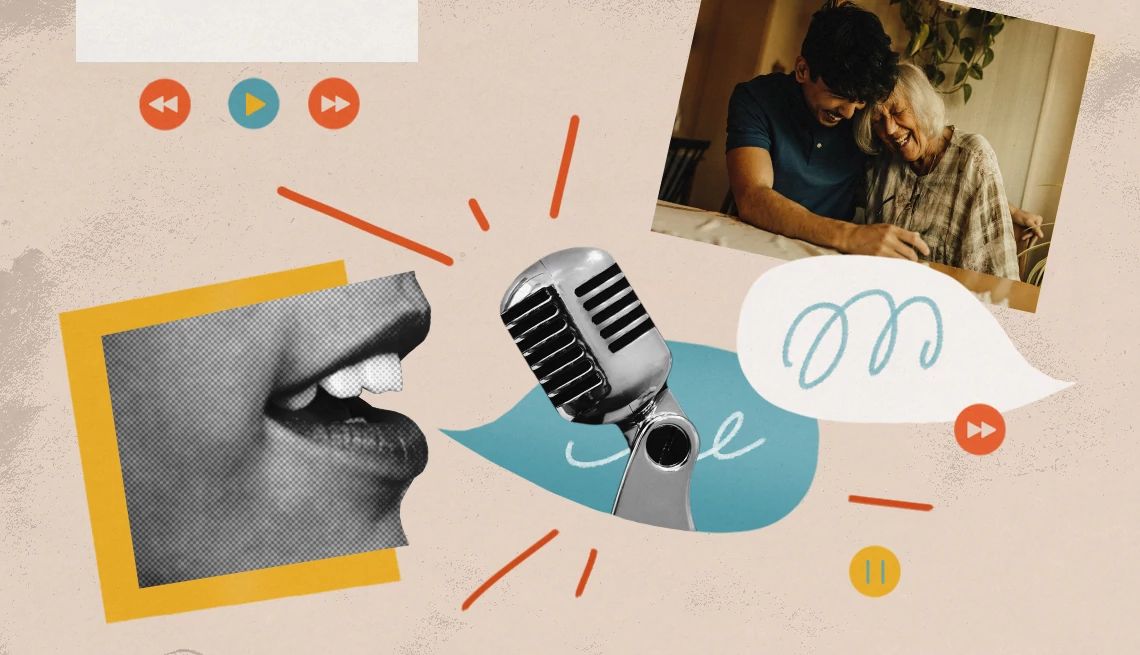 Caregiver Podcasts Offer Support a photo and graphic collage shows a broadcasting microphone at center, with a cutout black and white close-up of a person speaking on the left and a photo of a younger person sharing a tender moment with an older adult on the right. Play, forward and reverse buttons are also in the background
