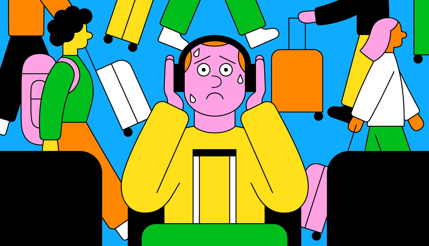 Ilustración de una persona que siente miedo de volar en avión