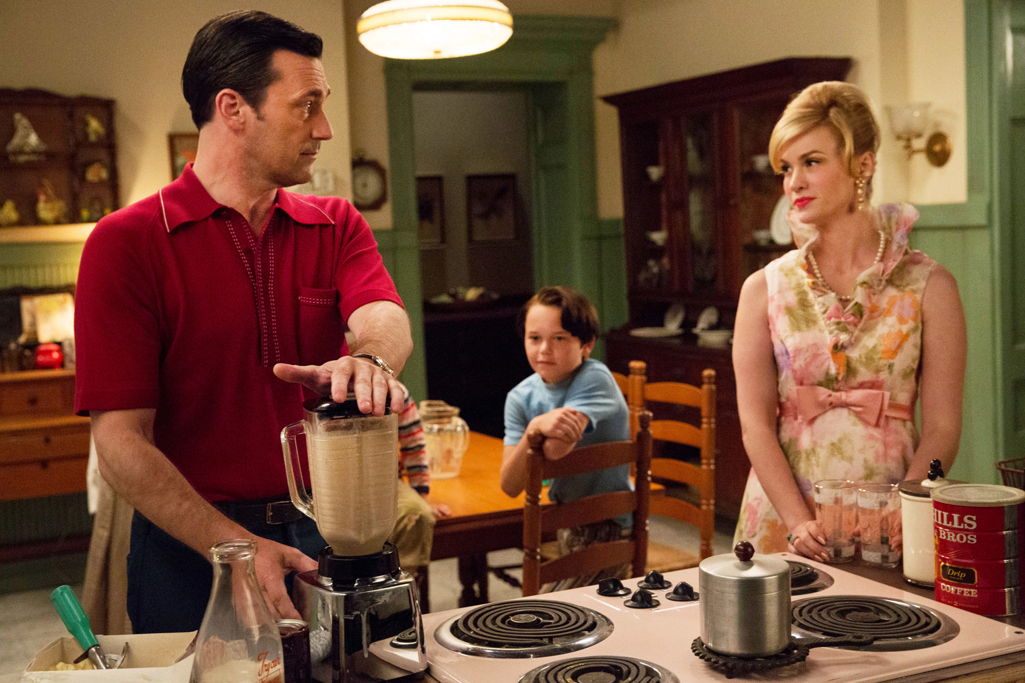jon hamm, mason vale cotton and january jones in a scene from mad men