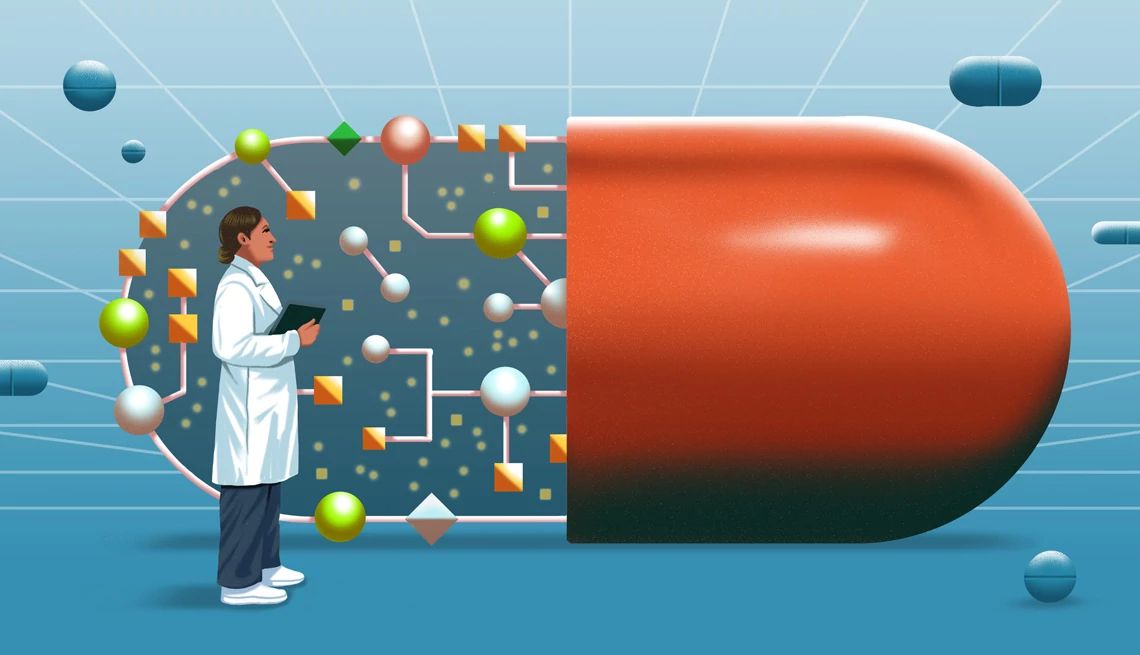 AI and Drug Repurposing pill capsule digital illustration