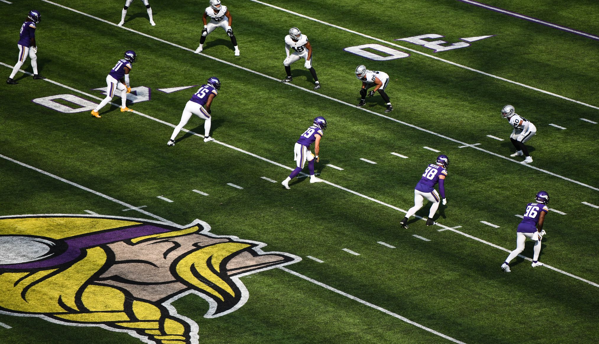 NFL kickoff Minnesota Vikings and Las Vegas Raiders players line up for a kickoff in a preseason game at US Bank Stadium in Minneapolis Minnesota