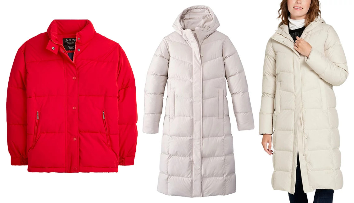 a collage with in winter coats in red and white
