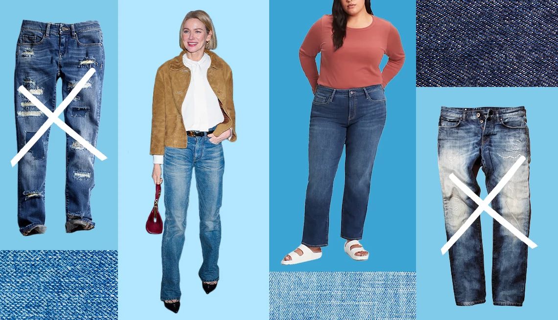 Jeans Style Guide for Women Over 50 jeans and people wearing jeans, with 'x' marks to note the undesirable qualities of some pairs