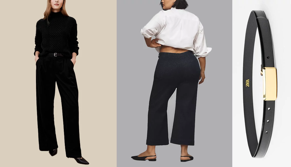 two women in black pants and a black belt