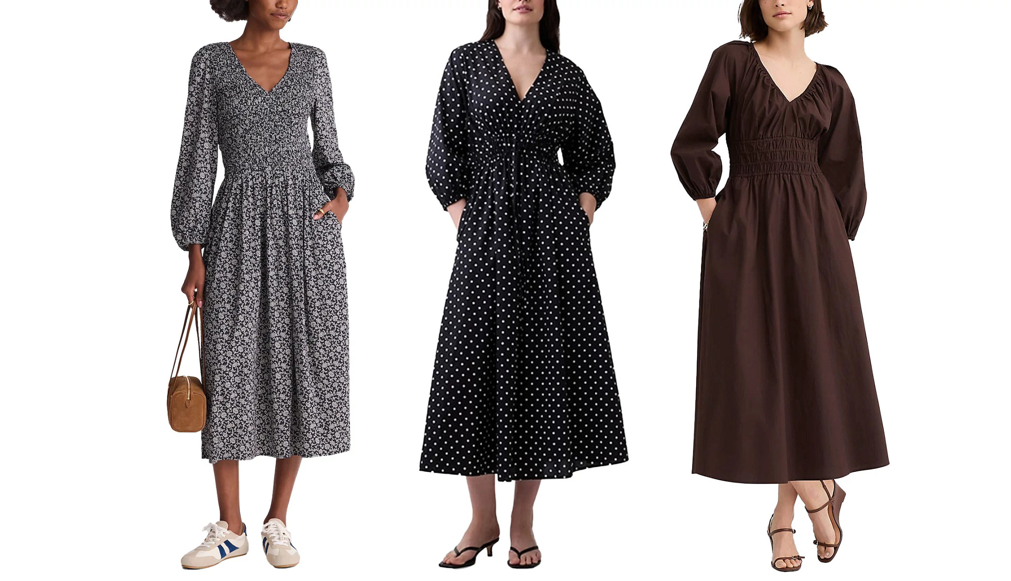 a collage with models wearing stylish spring dresses in muted colors