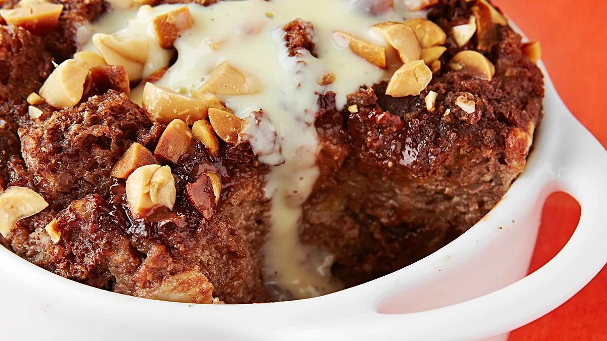 A close-up view of double chocolate-banana bread pudding in a bowl