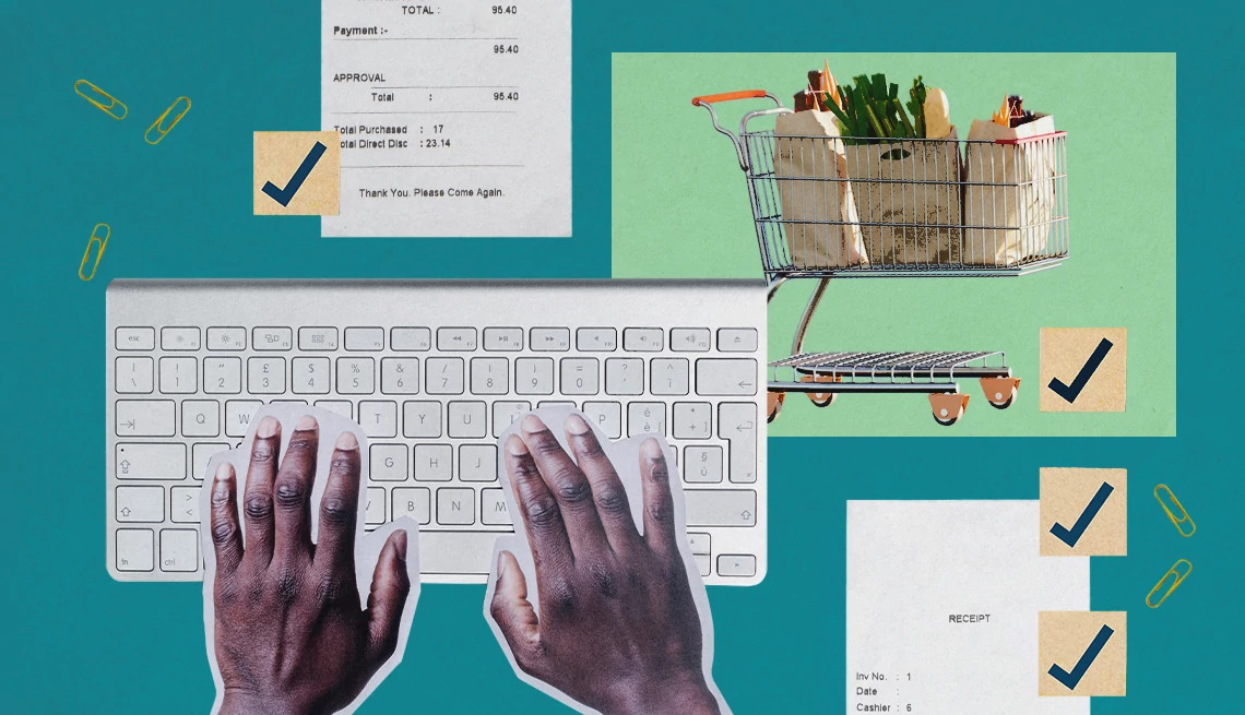 a person typing on a keyboard, a cart full of food and receipts