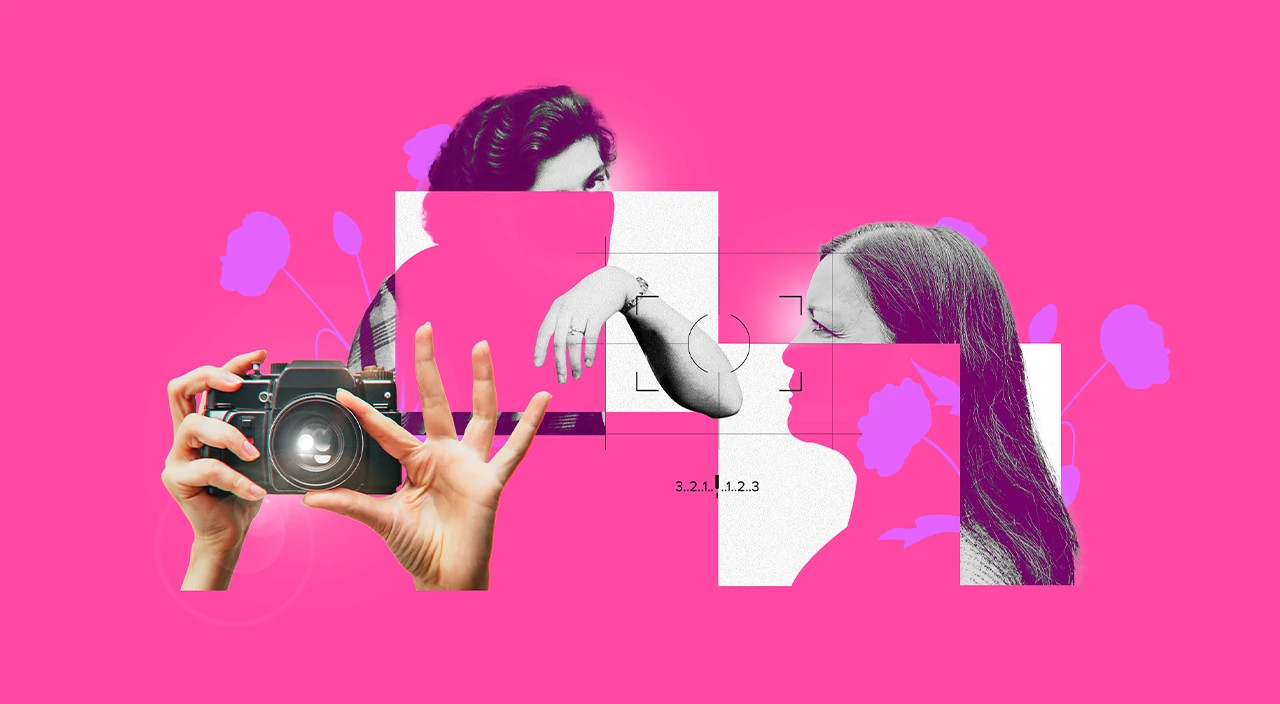 photo collage of 2 female ladies posing for pictures and hands holding a camera, how to take better photos, how to pose for pictures