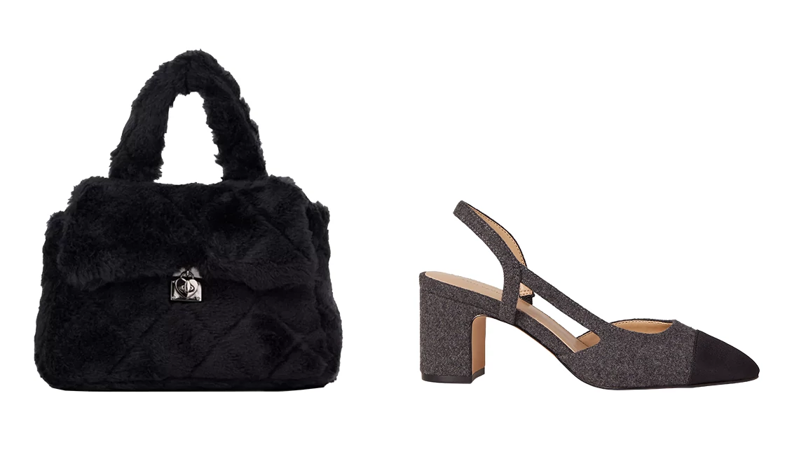 Switch your accessories Olivia Miller Women’s Sonia Crossbody in Black; Ann Taylor Flannel Cap Toe Block Heel Slingback Pumps in Heather Onyx