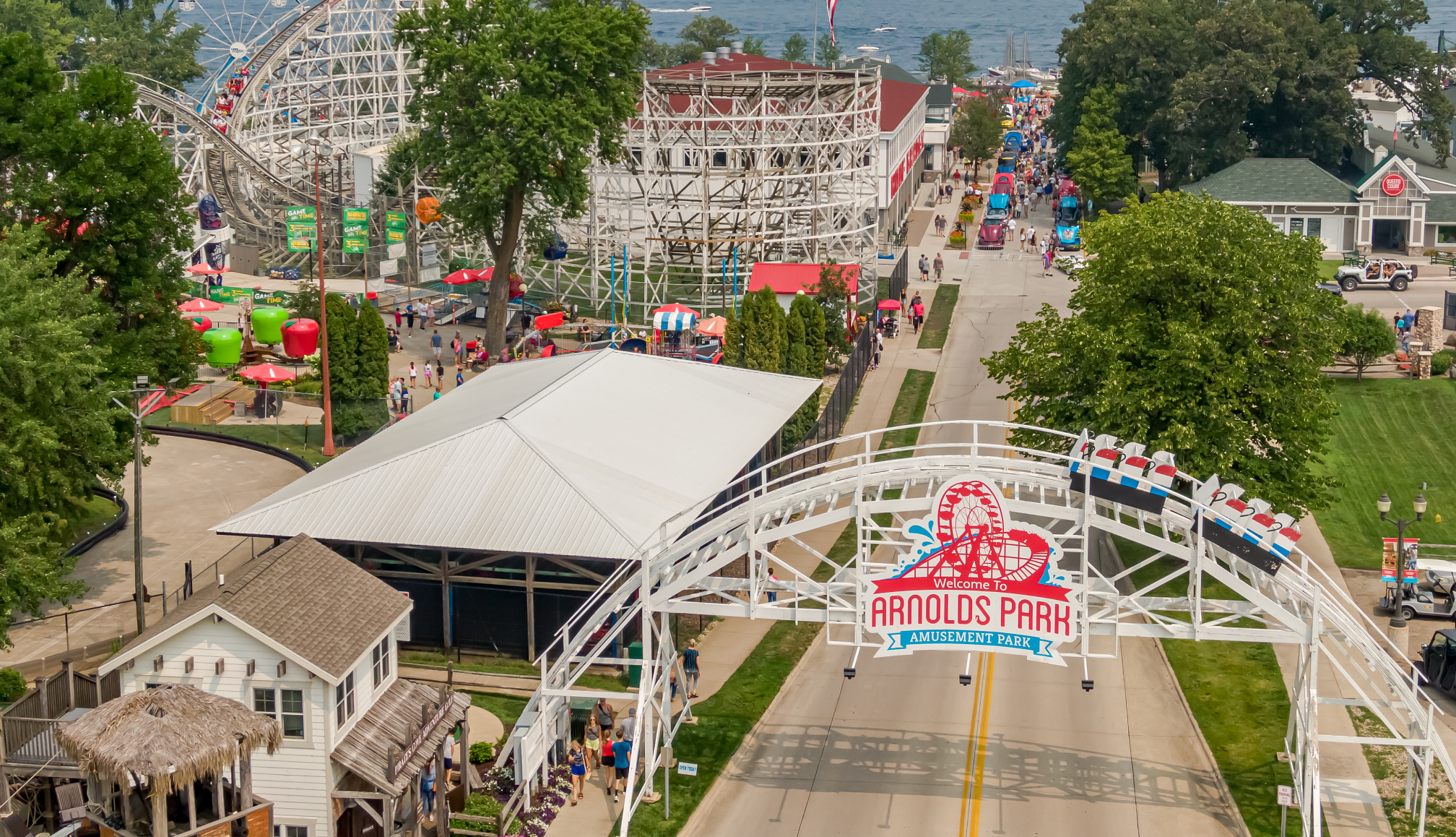 Arnolds Park Amusement Park is in Iowa aerial viwe of Arnolds Park Amusement Park