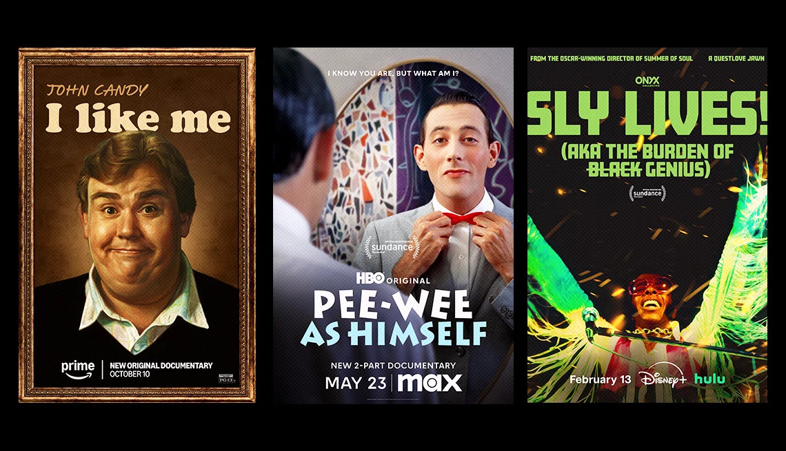 promotional images from the documentaries john candy i like me pee wee as himself and sly lives